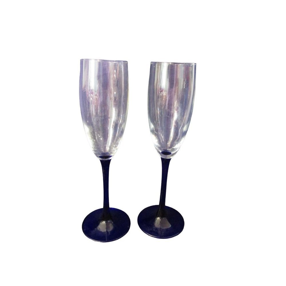 Cristal D'Arques Neptune Champagne Glass A Pair Cobalt Blue Stem Retired EUC